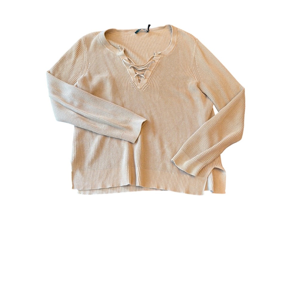 Lauren Ralph Lauren Tan Lace Up V-Neck Ribbed Knit Sweater Womens Large Beige